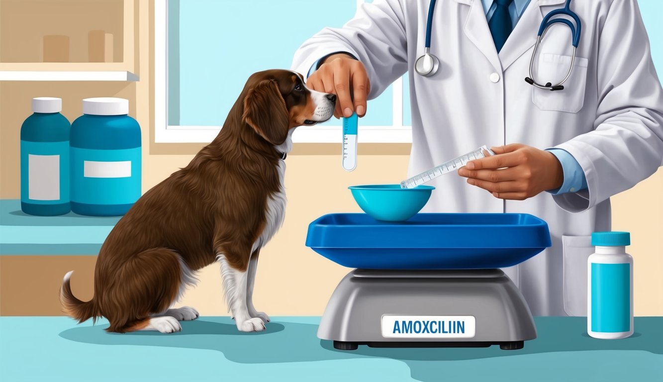 A veterinarian weighing a dog and measuring out amoxicillin dosage