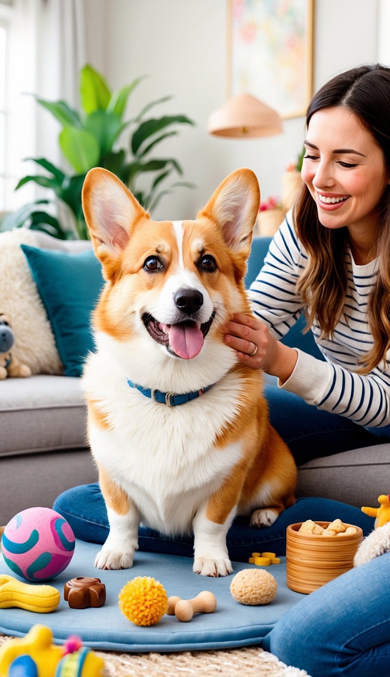 A corgi sitting in a cozy living room surrounded by toys and treats, with a happy owner petting its fluffy fur