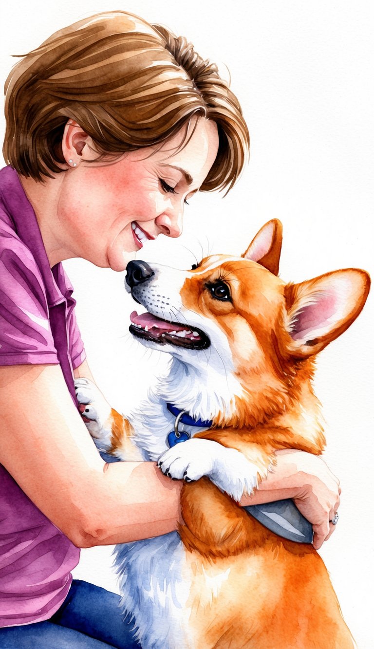 A corgi nuzzles up to its owner, wagging its tail happily as they share a tender moment of affection