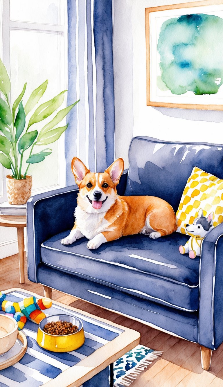 A cozy apartment with a corgi lounging on a comfortable couch, surrounded by toys and a food bowl
