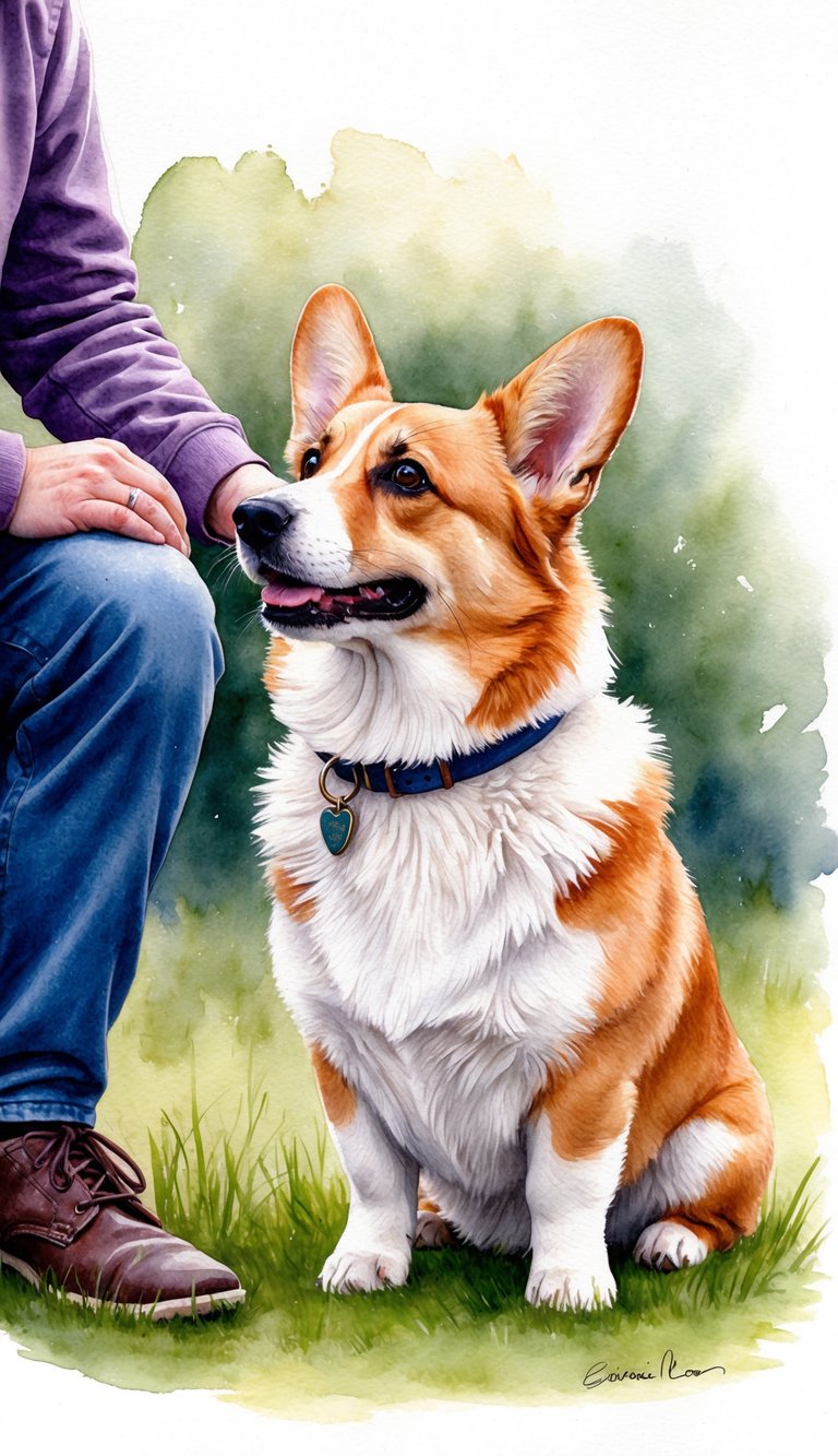 A corgi sits faithfully by its owner's side, gazing up at them with adoring eyes