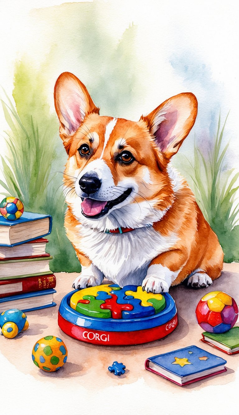 A corgi confidently solves a puzzle toy, surrounded by scattered toys and books