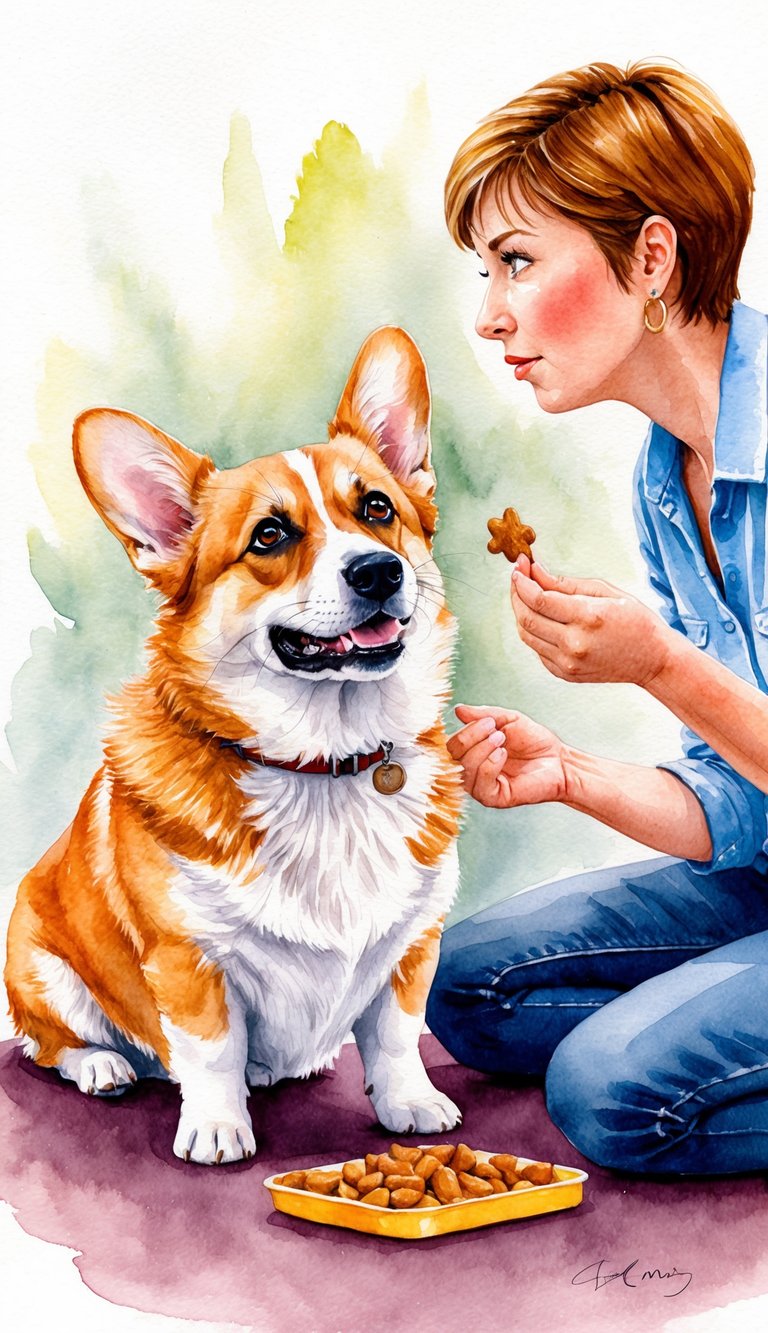A corgi stubbornly refuses to move, sitting with a determined expression, while its owner tries to coax it with a treat