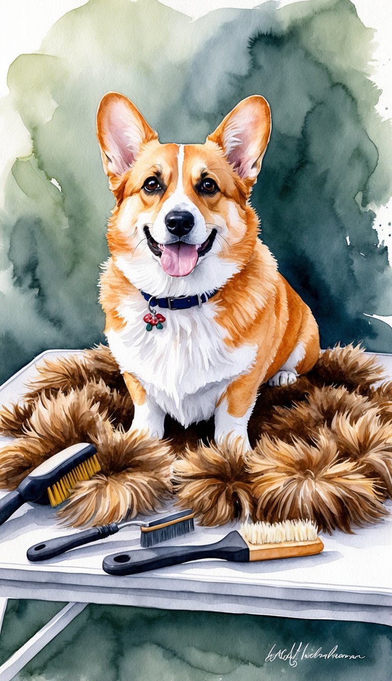 A corgi sits on a grooming table, surrounded by clumps of fur. A brush and grooming tools are scattered nearby