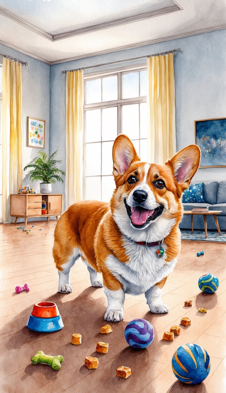 A corgi eagerly learns tricks in a spacious, well-lit room with toys and treats scattered around