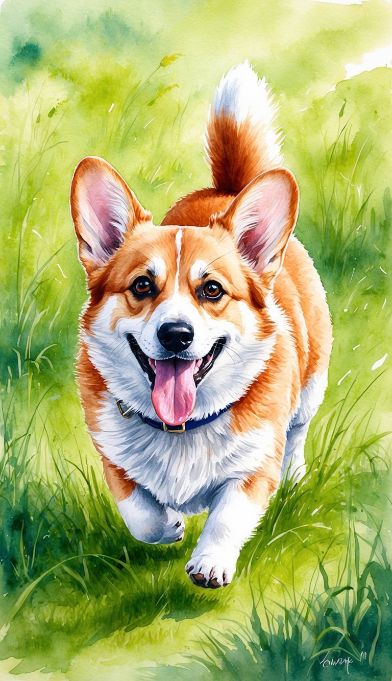 A corgi runs happily through a green meadow, tongue out and ears flopping, enjoying its regular exercise