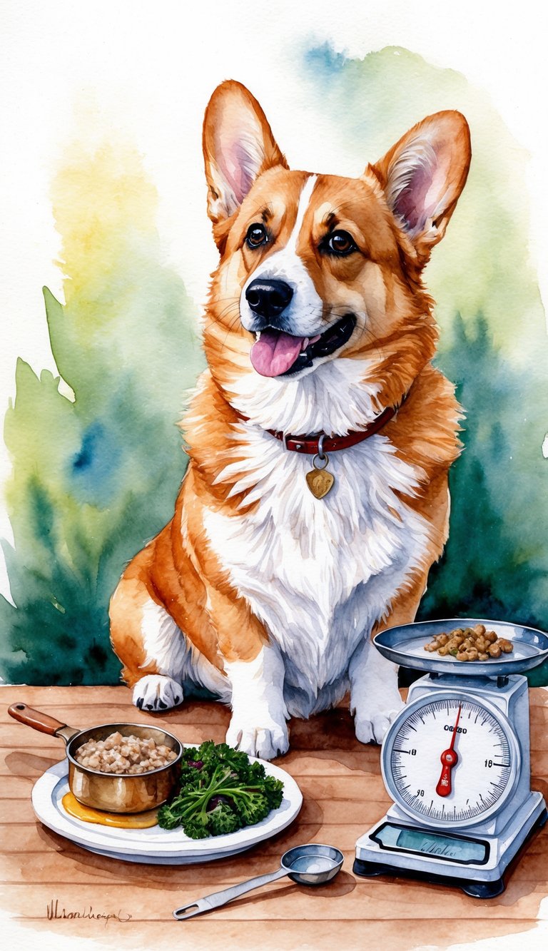 A corgi sits beside a carefully portioned meal, with a measuring cup and food scale nearby