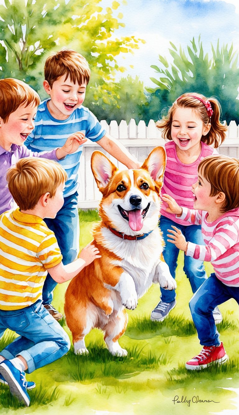 A corgi happily playing with a group of children in a sunny backyard, their tails wagging and their tongues lolling out in joy