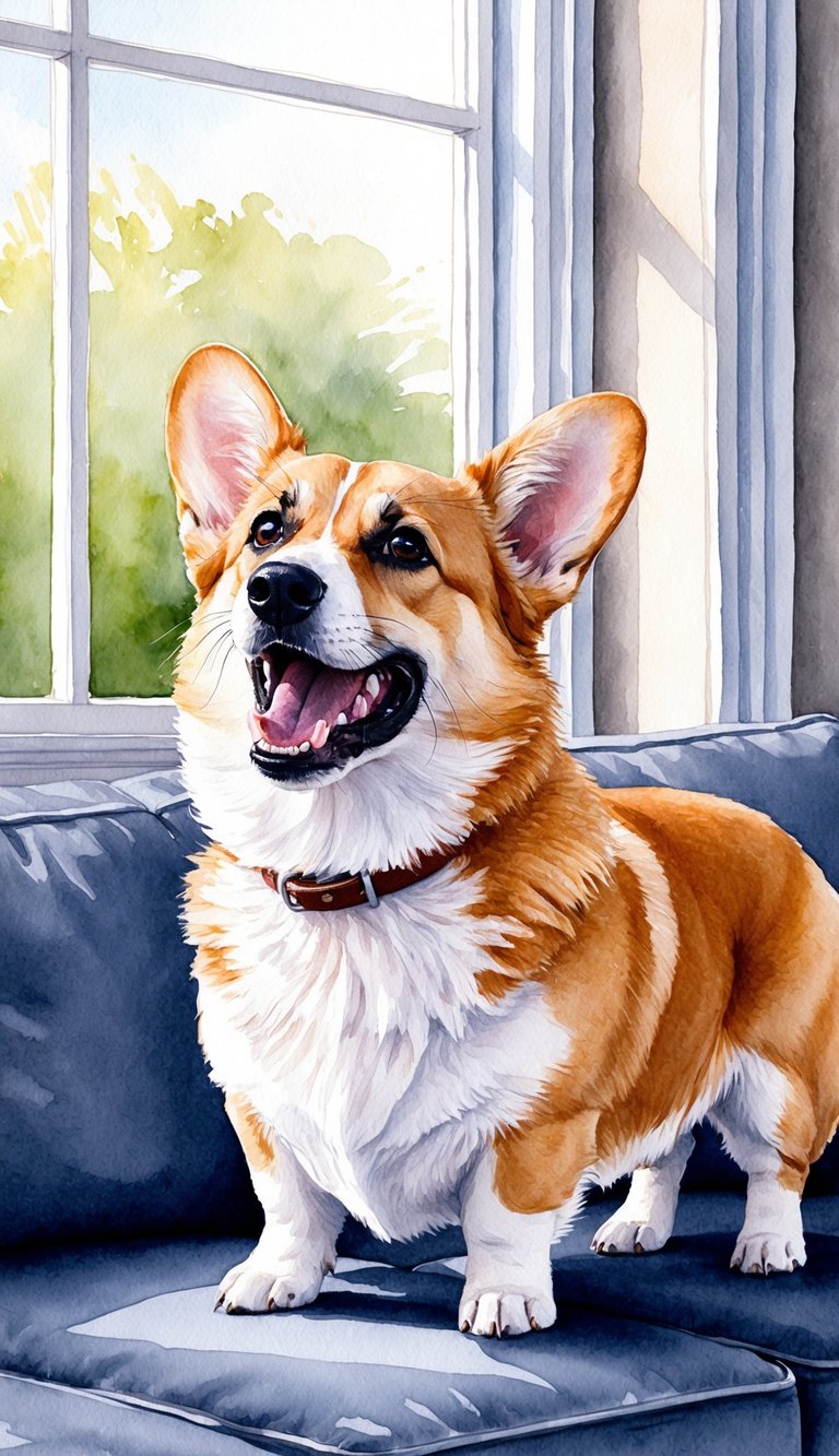 A corgi stands in a living room, barking at the window. Its ears are perked up and its mouth is open in a playful, yet persistent, manner