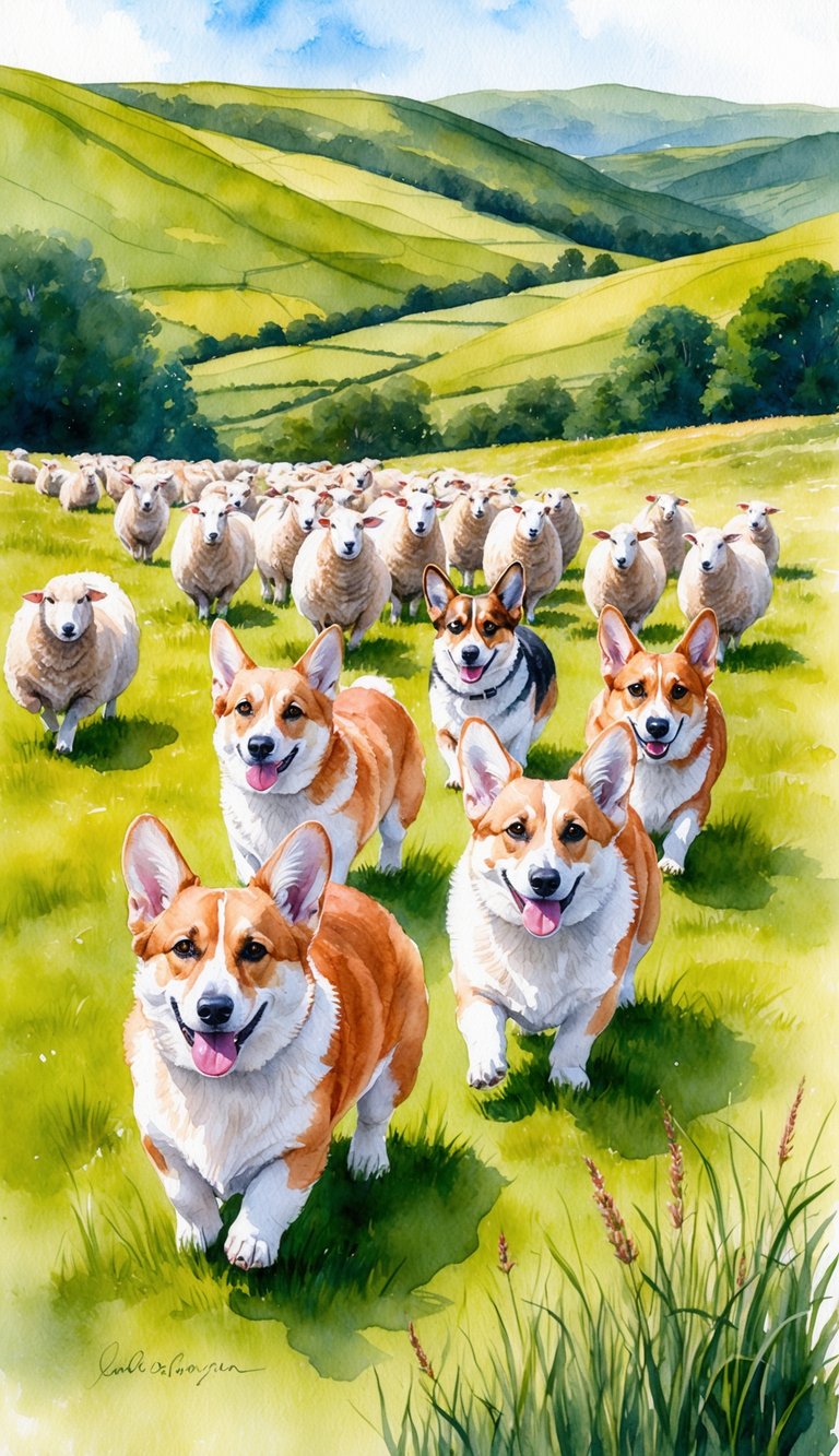 A group of Corgis herding sheep in the lush green hills of Wales