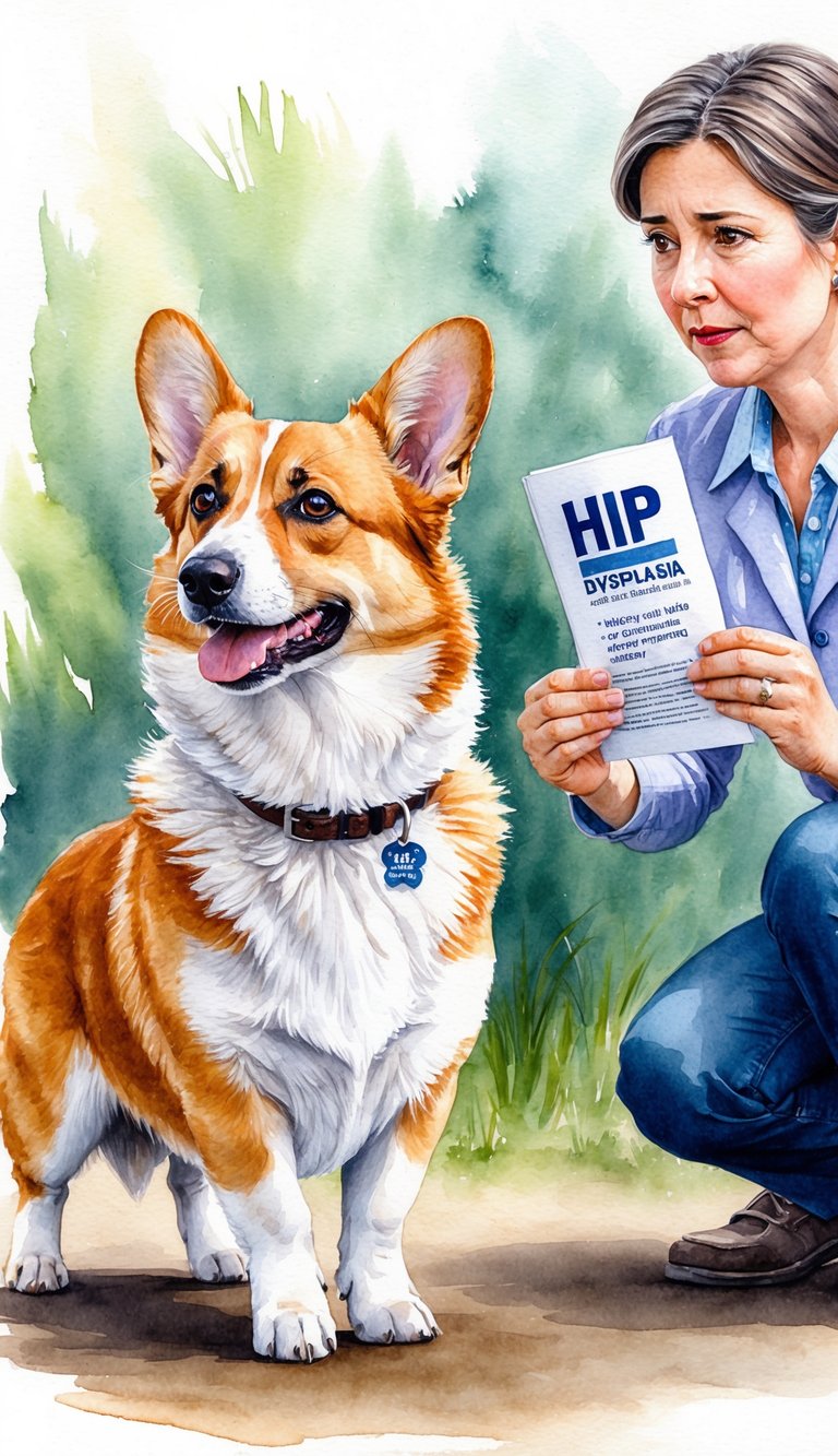 A corgi stands with a slight limp, favoring one hind leg. A concerned owner looks on, holding a pamphlet about hip dysplasia