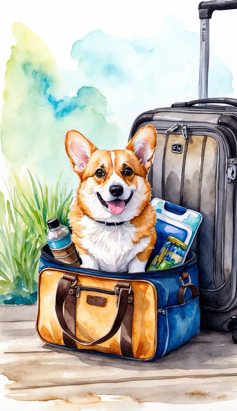 A corgi sits in a small travel bag, surrounded by various travel essentials. The bag is placed next to a suitcase, ready for an adventure