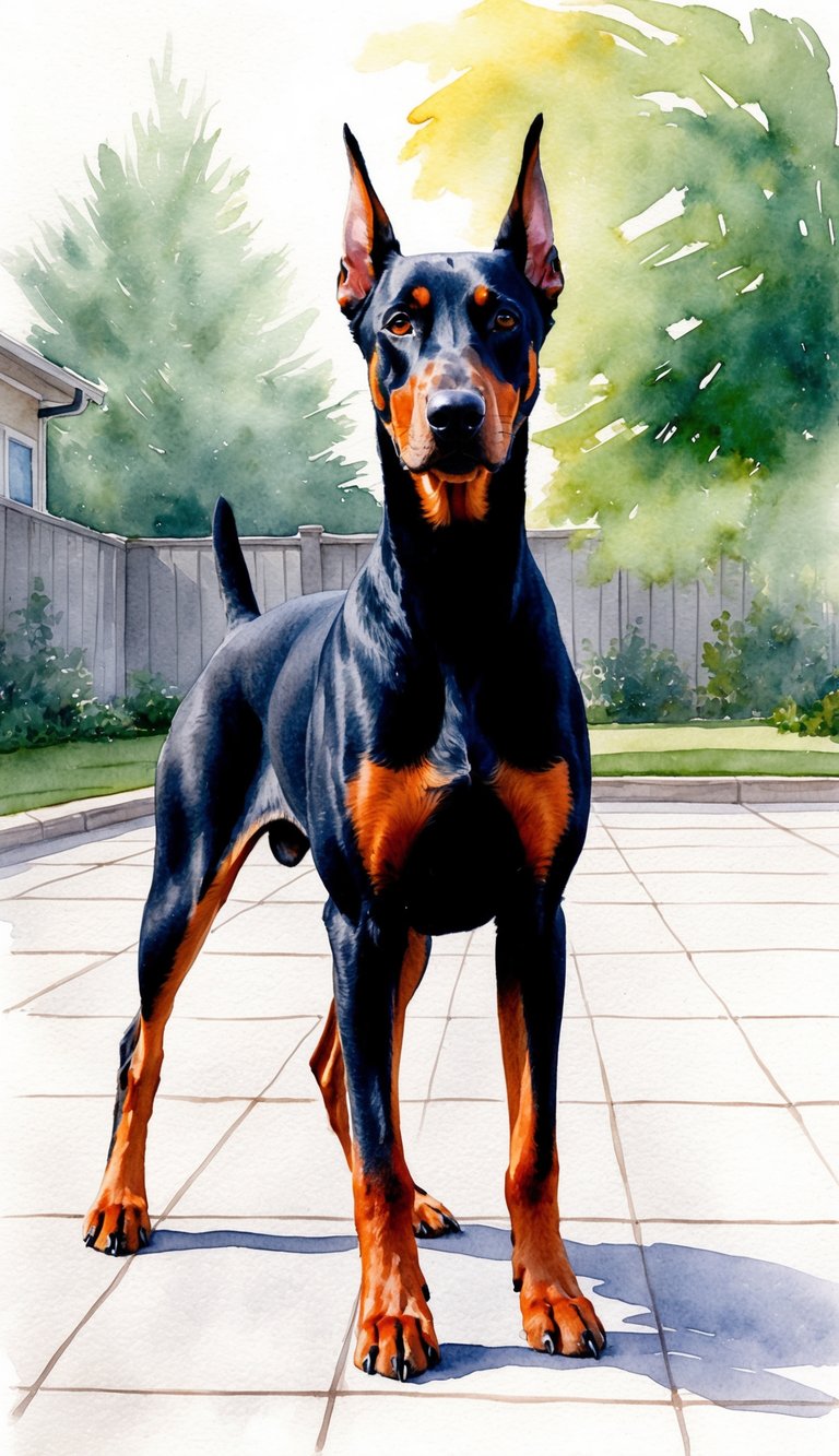 A Doberman Pinscher standing alert in a spacious backyard, with a sleek, muscular build and a confident expression