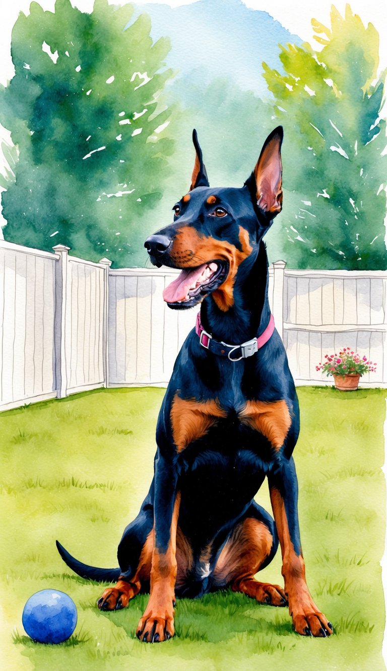 A Doberman Pinscher eagerly learning new tricks in a spacious backyard, showcasing its intelligence and trainability