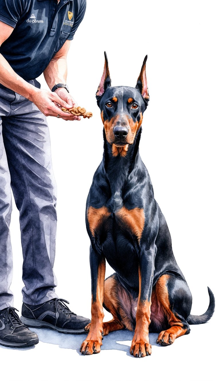 A Doberman Pinscher sits attentively, ears erect and eyes focused, next to a trainer holding a treat. The dog exudes confidence and intelligence, showcasing its excellent obedience training