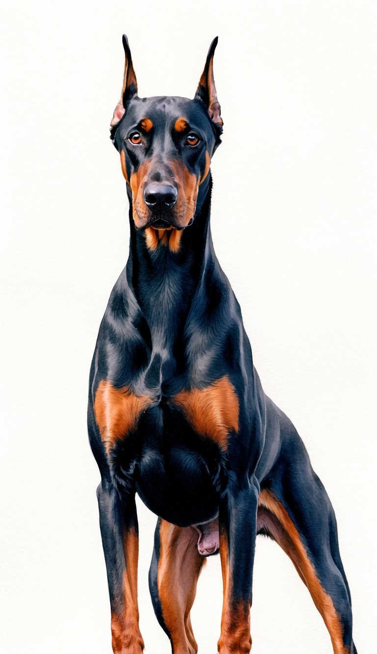 A Doberman stands guard, alert and loyal, with a protective stance