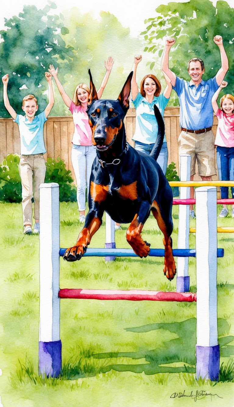 A Doberman Pinscher running through a backyard obstacle course, jumping over hurdles and weaving through poles, with a family cheering in the background
