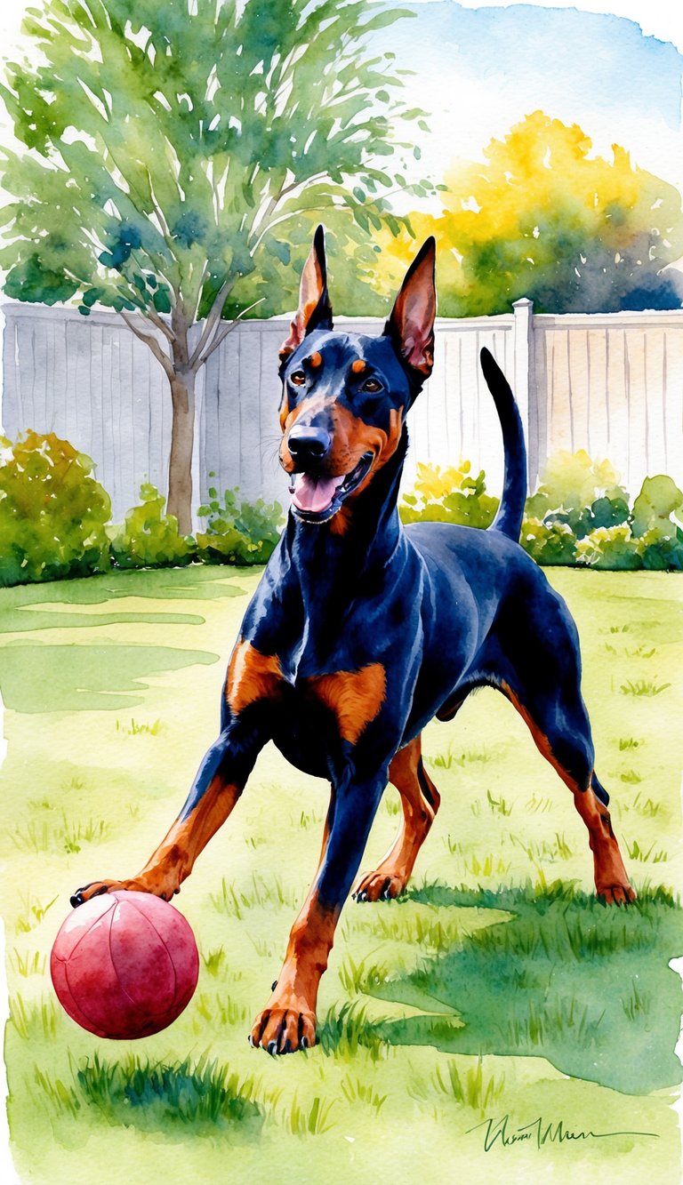 A Doberman Pinscher playing fetch in a spacious backyard, showing their loyalty and intelligence