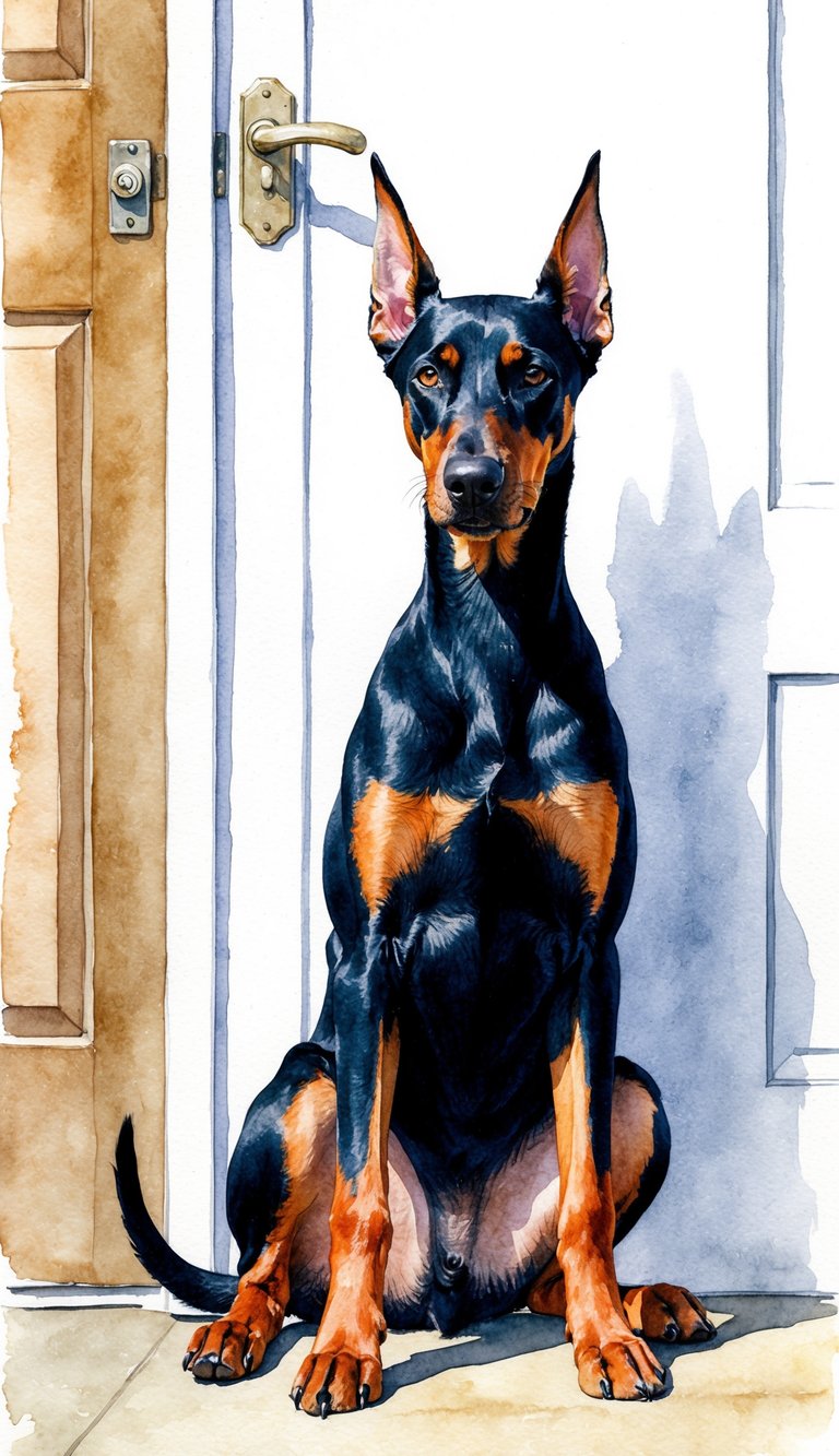 A Doberman Pinscher sits anxiously by a closed door, whining softly. Its ears are pinned back, and its tail is tucked between its legs