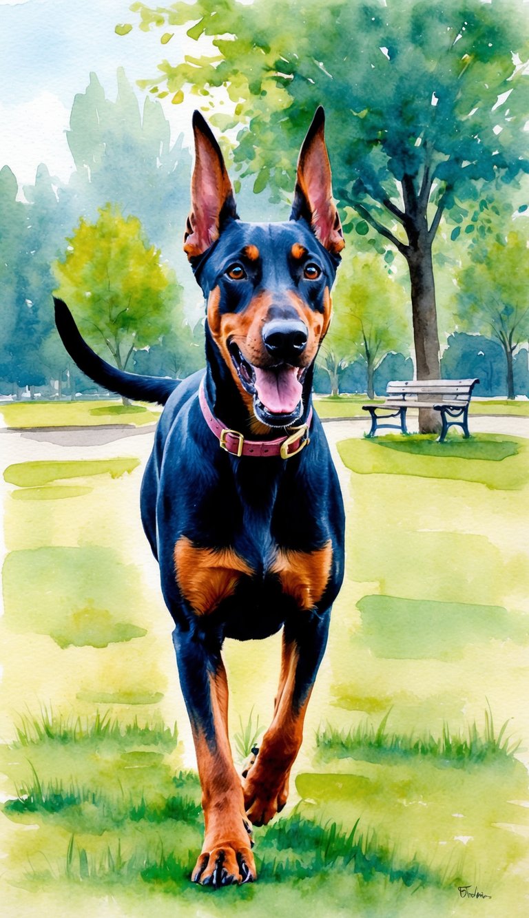 A Doberman Pinscher eagerly explores a park, ears perked and tail wagging. Its alert and inquisitive expression captures its high energy and curiosity