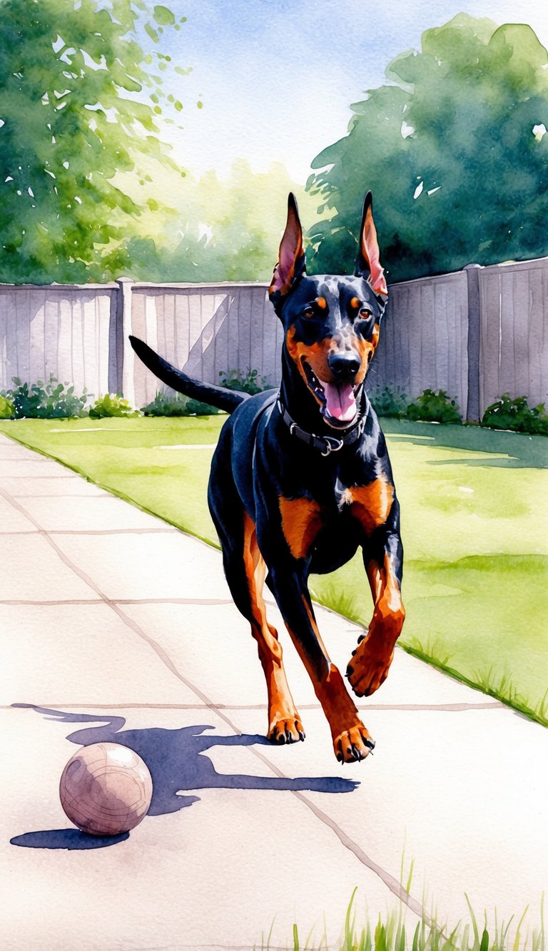 A Doberman Pinscher running energetically in a spacious backyard, playing with a ball and showing off its muscular build