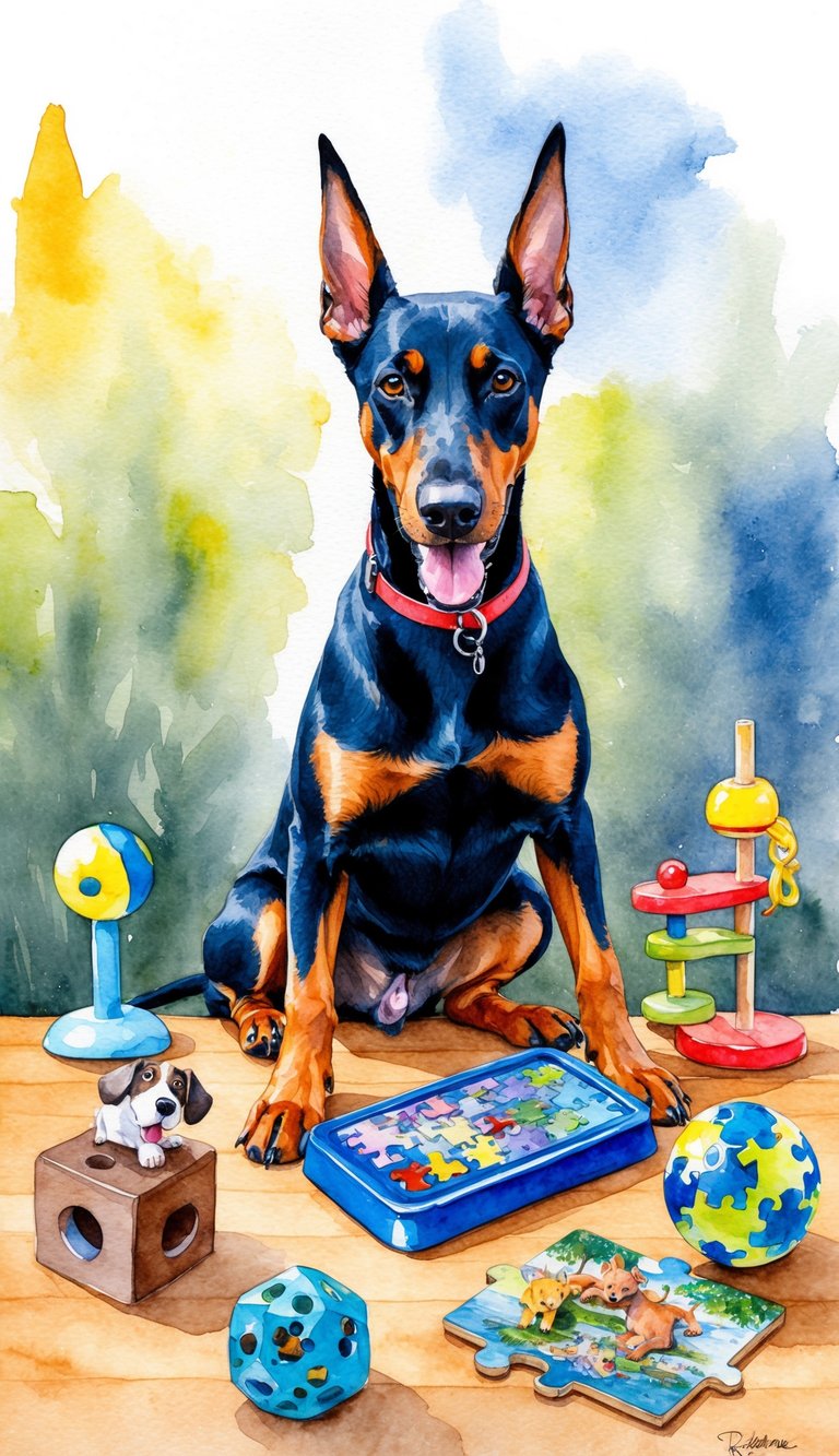 A Doberman Pinscher eagerly engages in various mental stimulation activities, surrounded by toys and puzzles