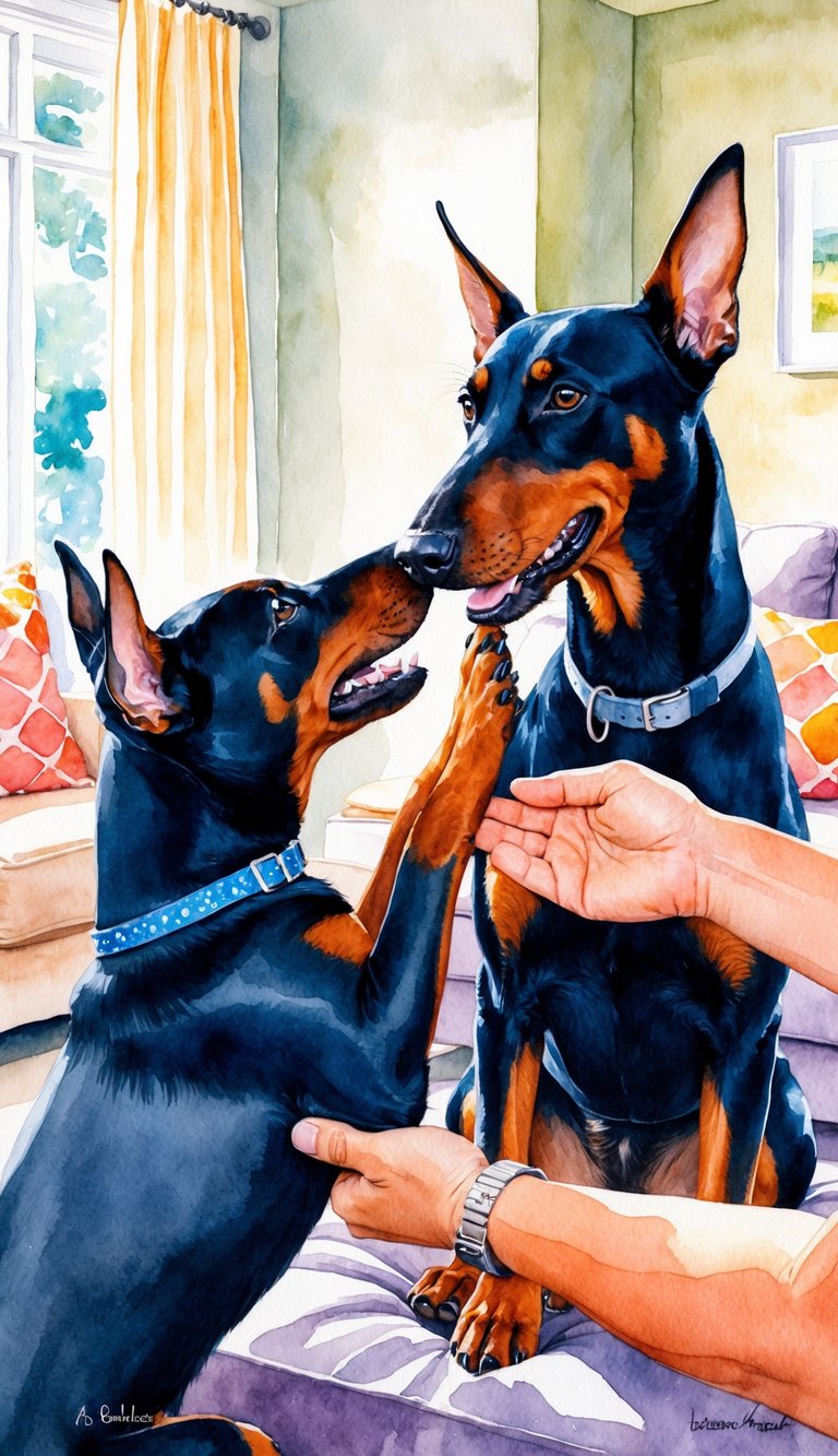 A Doberman Pinscher nuzzles the hand of its owner, wagging its tail eagerly as they bond in a cozy living room