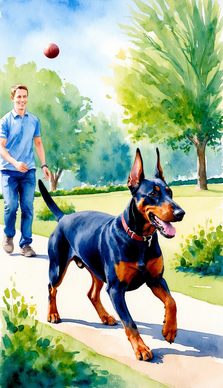 A Doberman Pinscher running through a park, with a person throwing a ball for it to fetch, surrounded by greenery and a clear blue sky