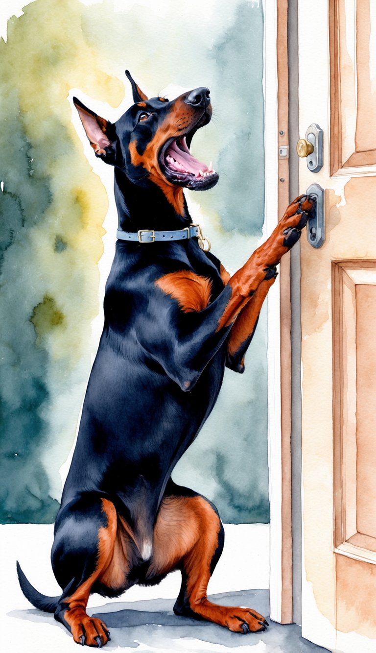 A Doberman pinscher anxiously paws at a closed door, whining and looking around for attention