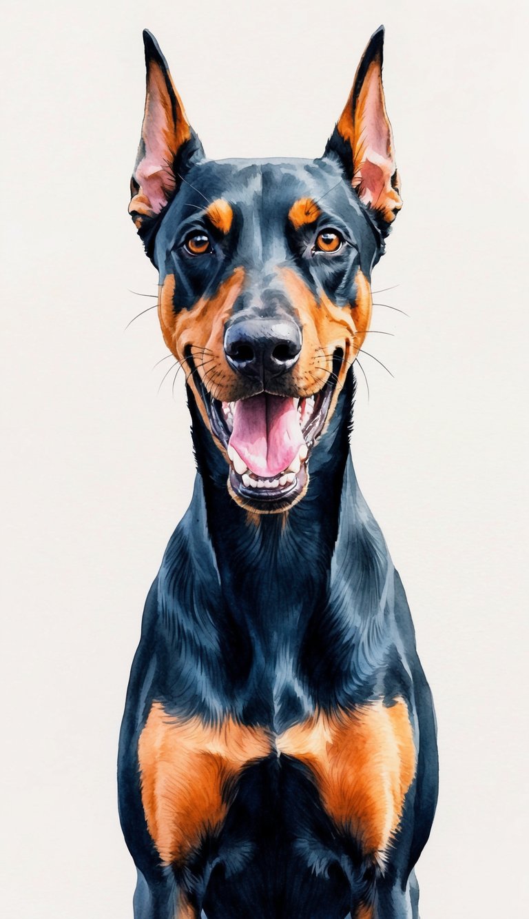 A Doberman Pinscher bares its teeth, standing tall and alert, with a tense posture and intense gaze