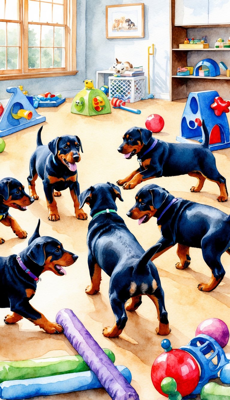 A group of Doberman Pinscher puppies playfully interact with each other in a spacious, well-lit room, surrounded by various toys and obstacles for socialization and development