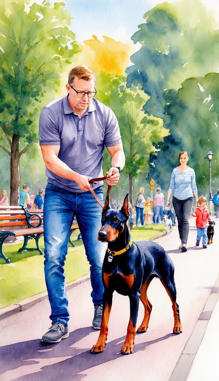 A first-time owner struggles to handle a strong, alert Doberman Pinscher on a leash during a walk in a busy park