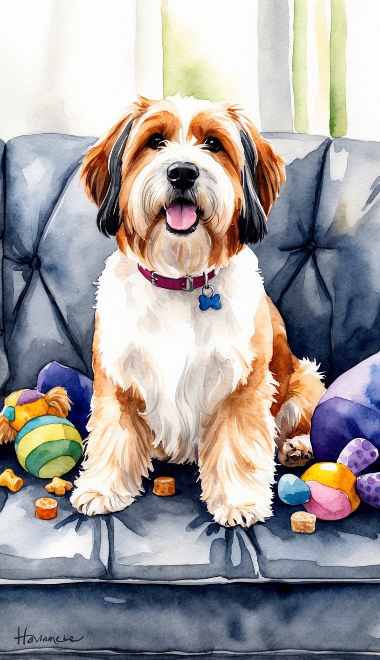 A Havanese dog sitting on a plush couch, surrounded by toys and treats. The dog looks content and relaxed, with a wagging tail