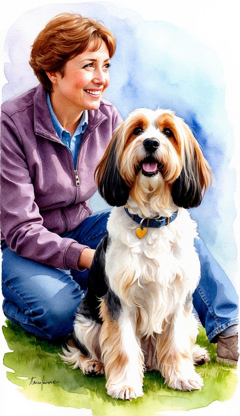 A Havanese dog sitting by its owner's side, looking up at them with adoring eyes while wagging its tail