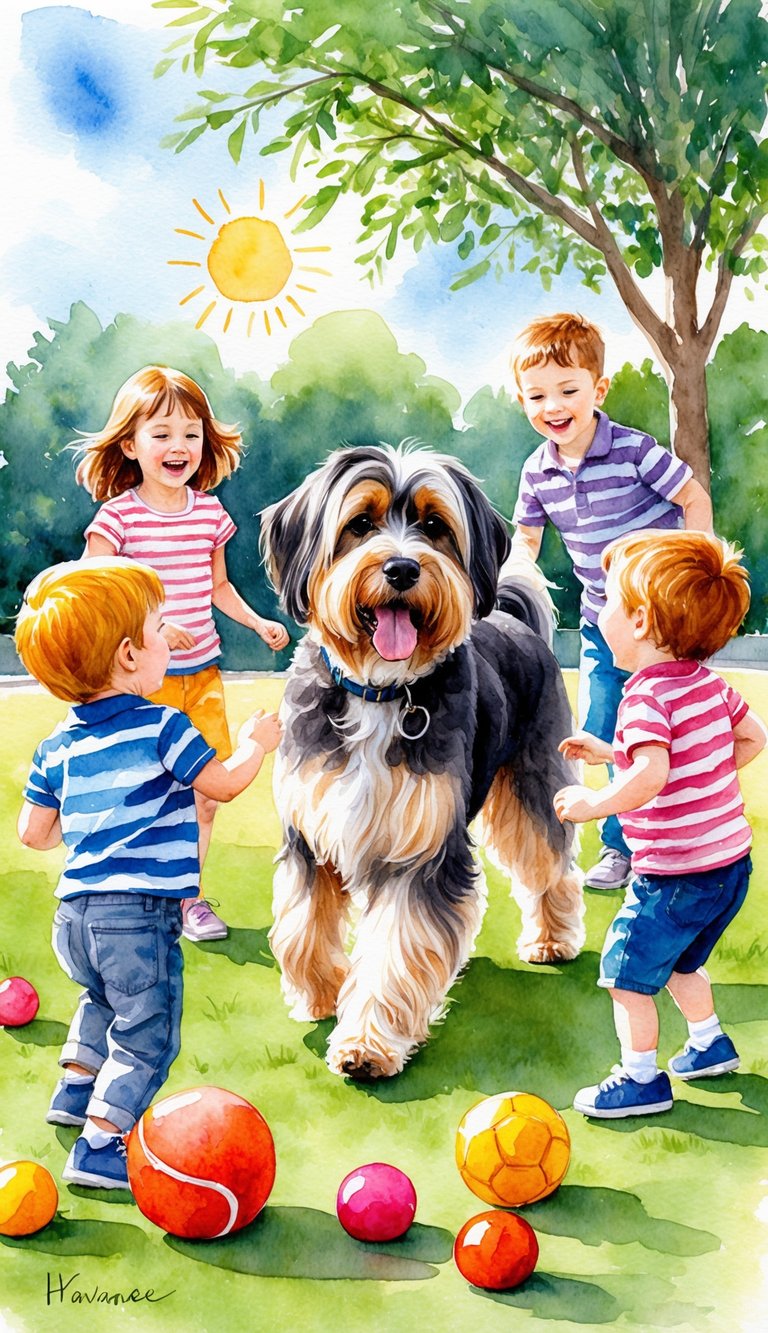 A Havanese dog playing with a group of children in a sunny park, surrounded by toys and laughter