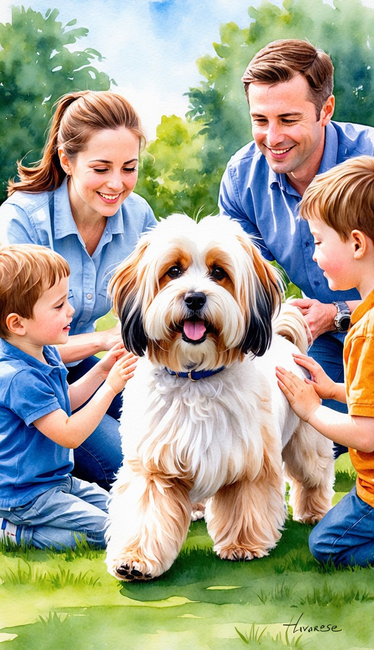 A Havanese dog with a fluffy, non-shedding coat playing in a park, surrounded by children and adults petting and admiring its hypoallergenic fur