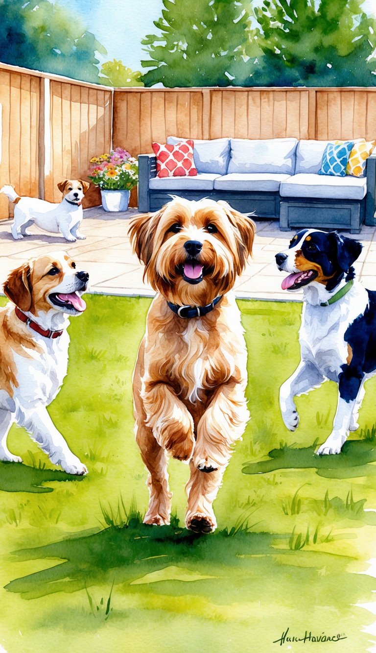 A Havanese dog playing happily with other pets in a spacious and sunny backyard, showing its friendly and sociable nature