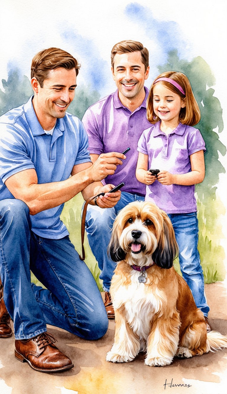 A Havanese sits attentively, learning commands from its owner. A smiling family watches as the fluffy dog eagerly follows instructions