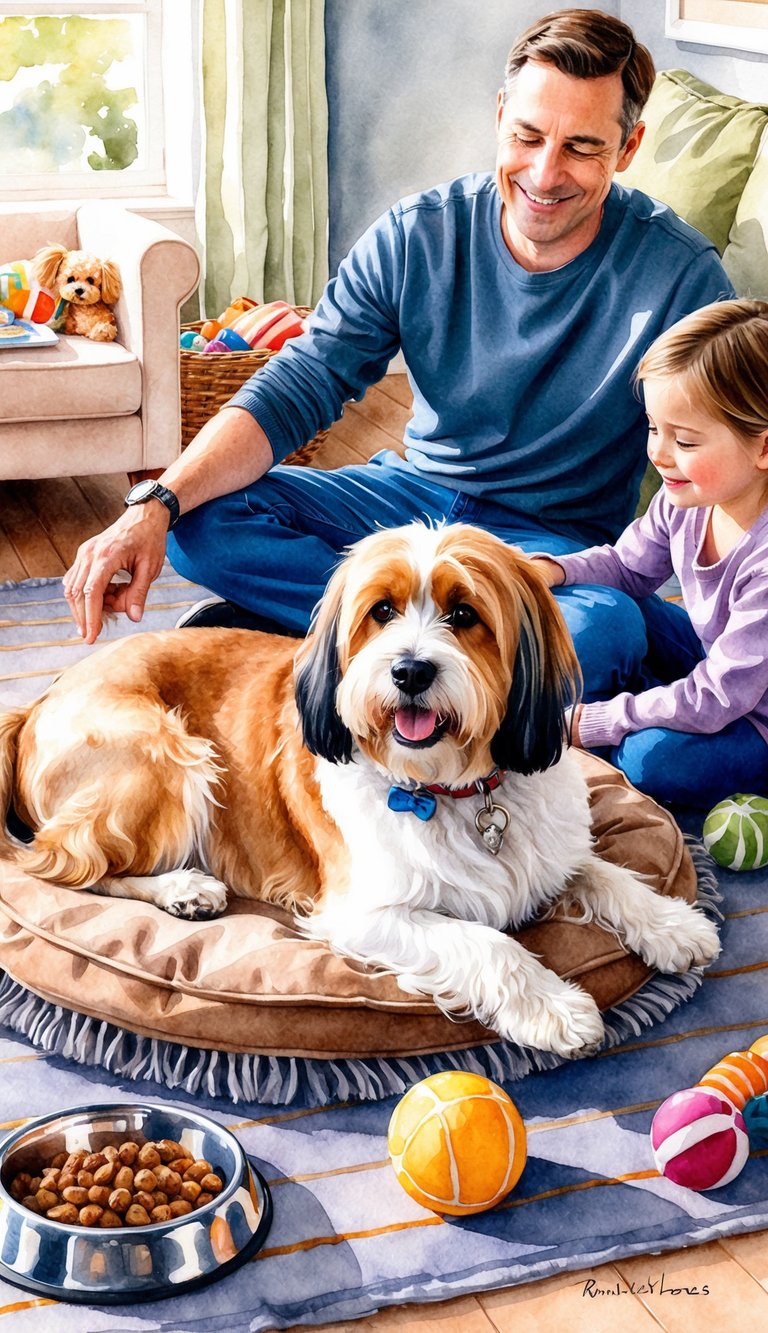 A Havanese lounges on a cozy rug, surrounded by toys and a food bowl. A family member sits nearby, smiling and petting the dog