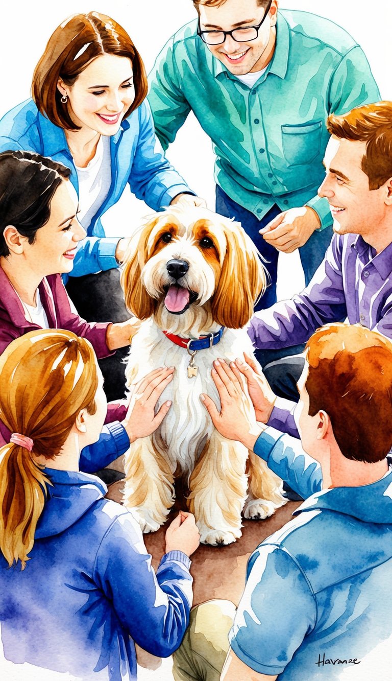 A Havanese surrounded by a group of people, happily interacting and forming strong social bonds