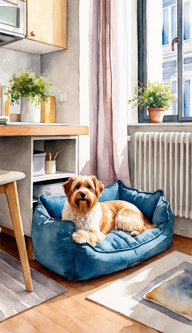 A cozy apartment with a small, stylish dog bed tucked into a corner. A Havanese dog lounges comfortably, surrounded by compact furniture and clever storage solutions