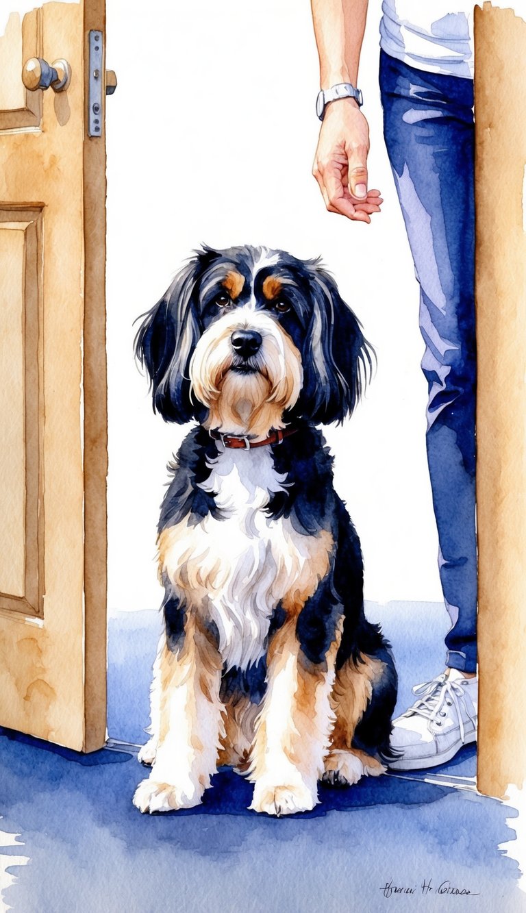 A Havanese dog sits by the door, looking anxious as its owner prepares to leave. The dog's ears are drooping, and its tail is tucked between its legs