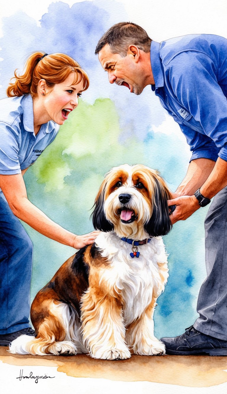 A Havanese dog cowers as a trainer yells, while a gentle trainer uses positive reinforcement