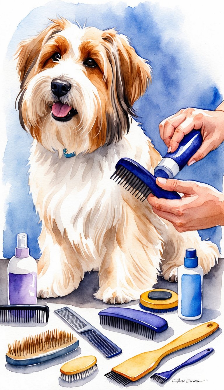 A Havanese dog being groomed by its owner, surrounded by brushes, combs, and grooming products, with a content expression on its face