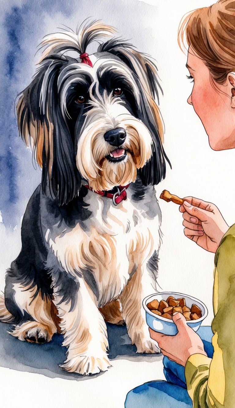 A Havanese dog refusing to move from its spot, with a determined expression on its face, while its owner tries to coax it with a treat