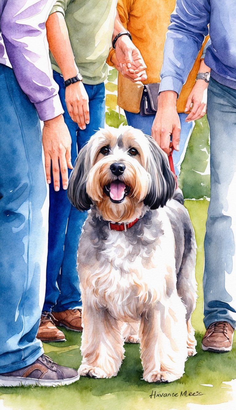 A Havanese dog eagerly greets a group of people, wagging its tail and seeking attention
