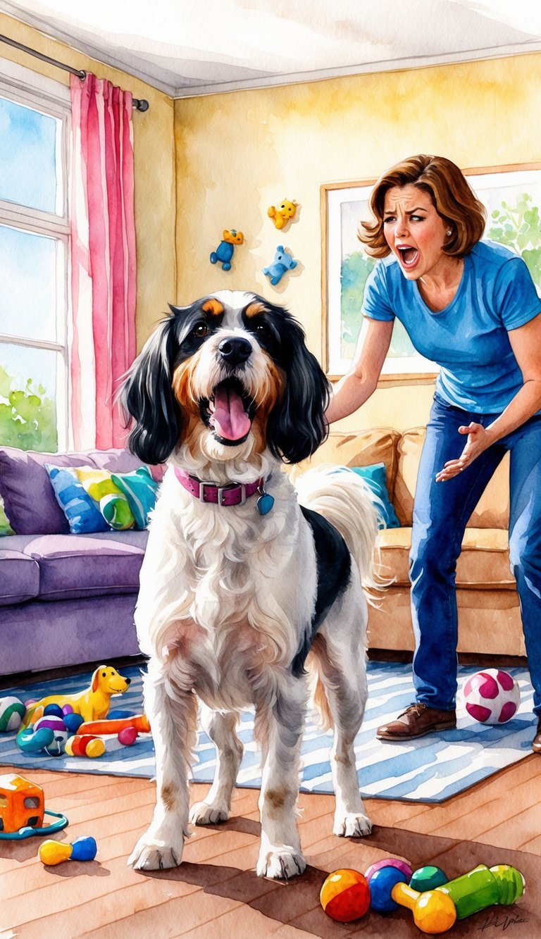 A Havanese barking loudly while standing in a living room with scattered toys and a frustrated owner trying to calm it down