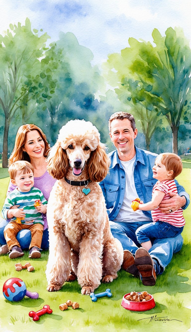A poodle sitting next to a family, playing in a park, surrounded by toys and treats