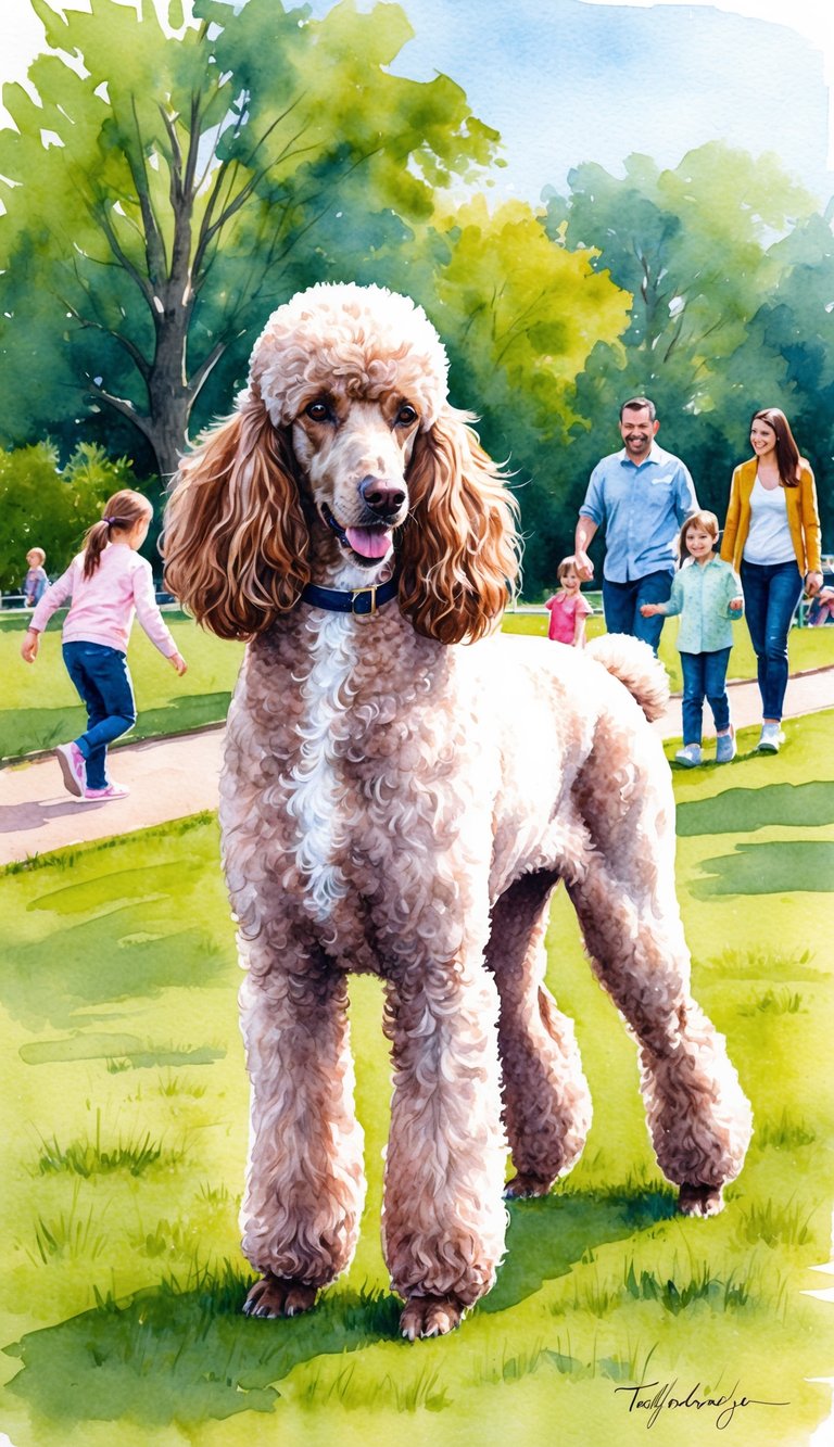 A poodle with a hypoallergenic coat standing in a park, surrounded by children playing and a family walking their dog