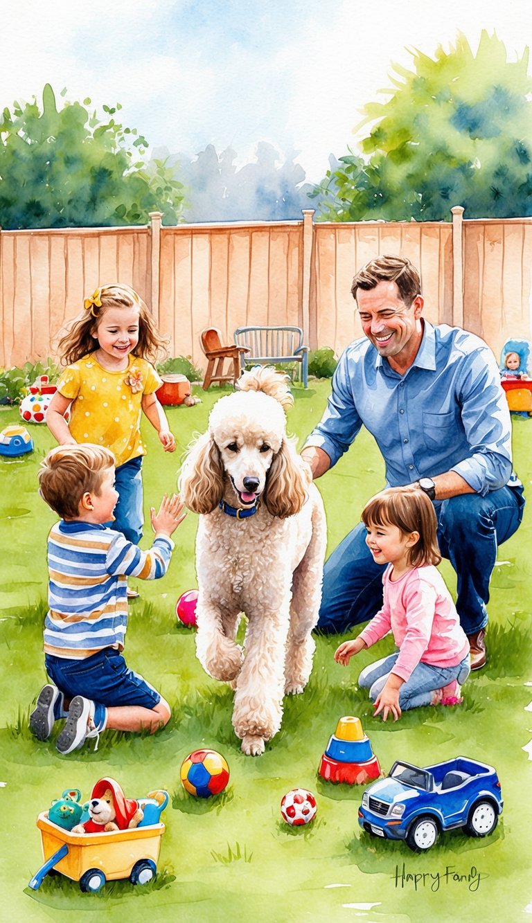 A poodle playing with children in a spacious backyard, surrounded by toys and a happy family